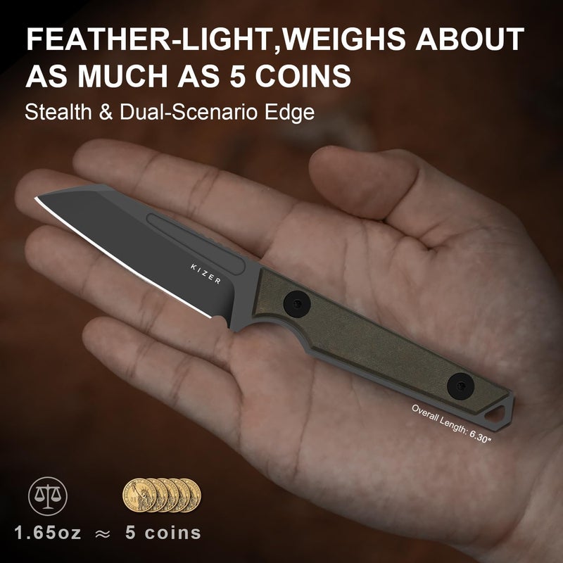 KIZER Phasmids Fixed Blade Knife with Sheath, 2.78" AEB-L Steel Blade, Full Tang Camping Knife with Chocolate Glacier Composite Handle, EDC Knives for Hiking 1079A2 - Image 2